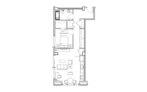 a floor plan of an apartment with a bedroom and a living room